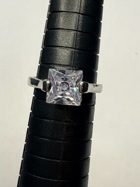 Classic Square-Cut Clear Stone Silver Ring -Size 8